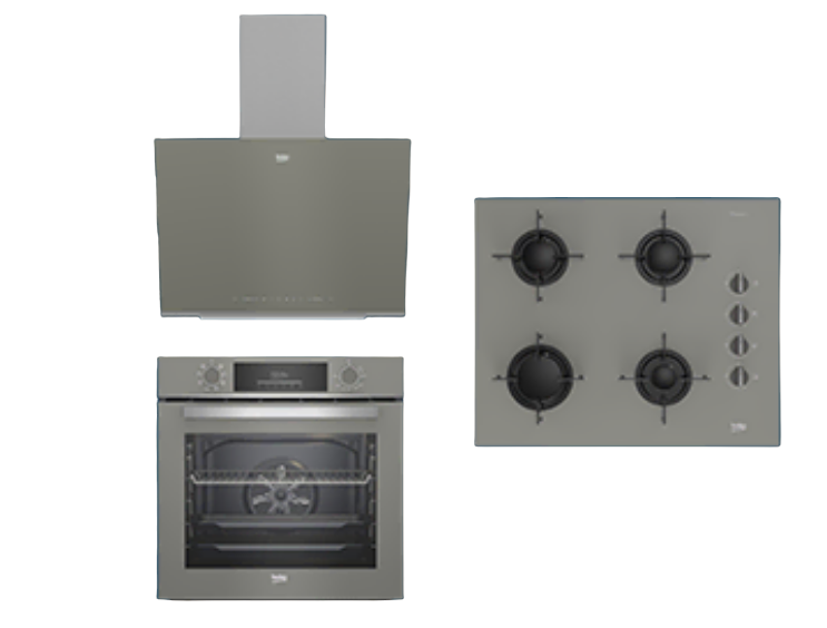 Beko Manhattan Gri Buhar Destekli Cam Ankastre Setler | Çeyiz Seti | BDE 6062 G Duvar Tipi Davlumbaz | BFC 430 G Buhar Destekli Fırın | BOCD T 6510 EG Gazlı Cam Tablalı Ocak