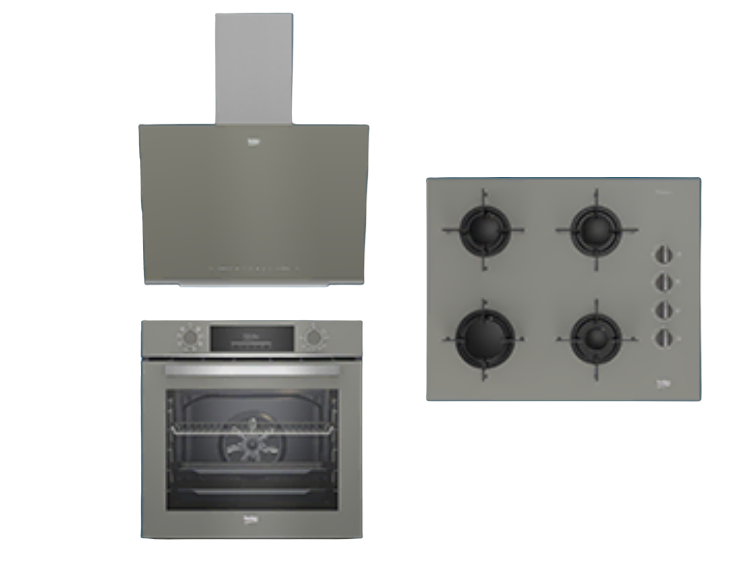 Beko Manhattan Gri Buhar Destekli Cam Ankastre Setler | Çeyiz Seti | BDE 6062 G Duvar Tipi Davlumbaz | BFC 430 G Buhar Destekli Fırın | BOCD T 6510 EG Gazlı Cam Tablalı Ocak