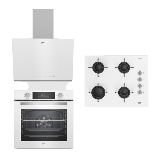 Beko Beyaz Cam Buhar Destekli Ankastre Setler | Çeyiz Seti | BDE 6062 B Duvar Tipi Davlumbaz | BFC 430 B Buhar Destekli Fırın | BOCD T 6510 EB Gazlı Cam Tablalı Ocak