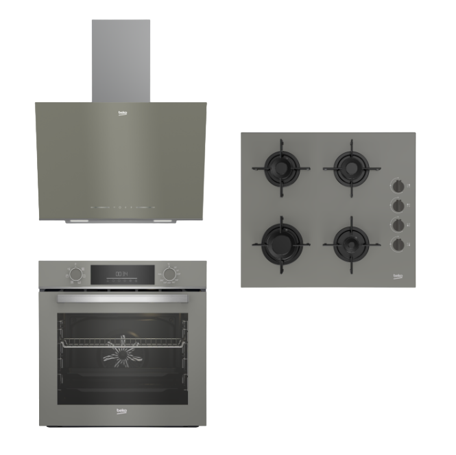 Beko Yeni Gri Avantaj Ankastre Setler | Çeyiz Seti | BDE 6040 G Duvar Tipi Davlumbaz | BFC 330 G Ankastre Standart Fırın | BOCD T 6011 EG Gazlı Cam Tablalı Ocak