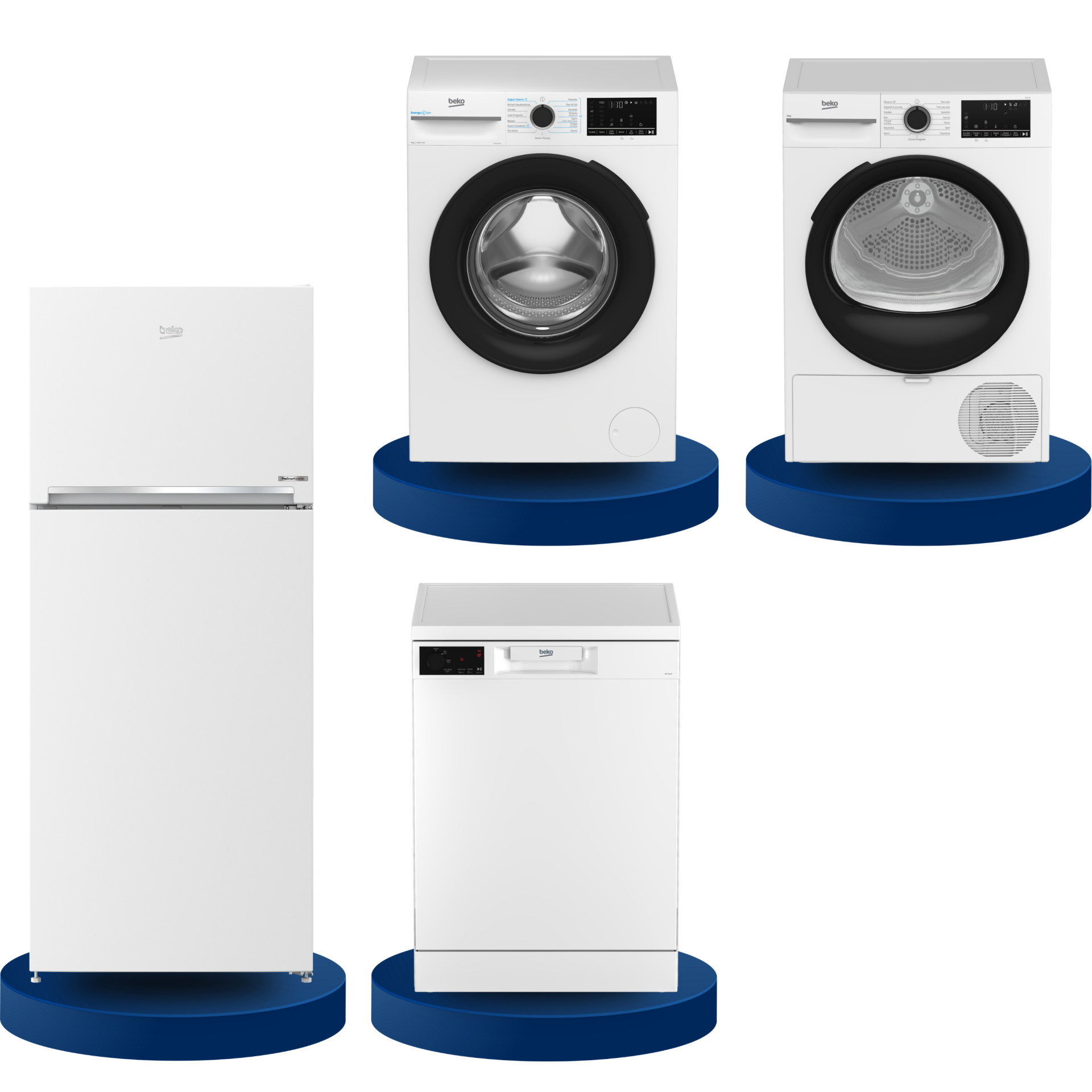 Beko 4'lü Çeyiz/ Beyaz Eşya Seti | 970357 MB No Frost Buzdolabı | BM 3143 3 Programlı Bulaşık Makinesi | CMXD 9100 9 Kg Çamaşır Makinesi | KMX 91 9 Kg Kurutma Makinesi